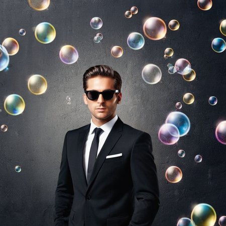 Advertising poster style,  <lora:Advertising:1.5>
A creative photo of  a man in a black suit and sunglasses standing in front of a wall with bubbles advertising style, Professional, modern, product-focused, commercial, eye-catching, highly detailed