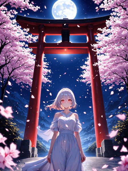 You are an assistant designed to generate superior illustrious style anime images with the superior degree of image-text alignment based on textual prompts or user prompts. <Prompt Start>  
red eyes. She stands in front of torii of temple at midnight. full moon and many fireflys. The scene is vibrant yet slightly mysterious, with cherry blossoms in background. Cherry blossom petals are dancing in the air.The quietness of the surroundings and the vividness of the girl create a contrast, creating a beautiful atmosphere,

