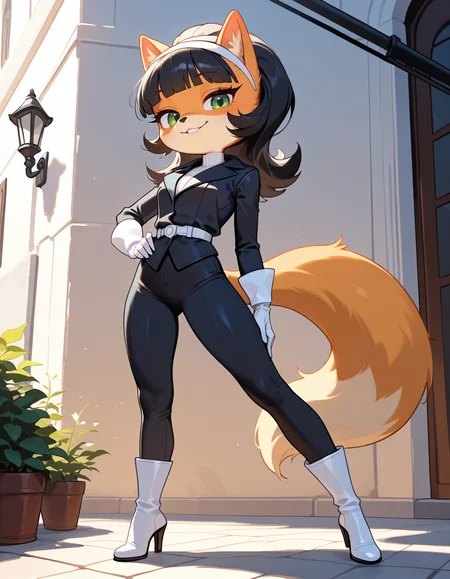 masterpiece, best quality, very aesthetic, absurdres,
outdoors, standing, posing, 
full body, seductive smile, parted lips, long eyelashes,
white gloves, white high heel boots, black pants, black jacket, long sleeves, 
<lora:Kitty_Katswell_v01_NAIXL:1>
K1tty_Kat6w3311, 1girl, solo, furry, furry female, animal ears, long hair, black hair, hairband, blunt bangs, flipped hair, green eyes, animal nose, body fur, orange fur, tail,