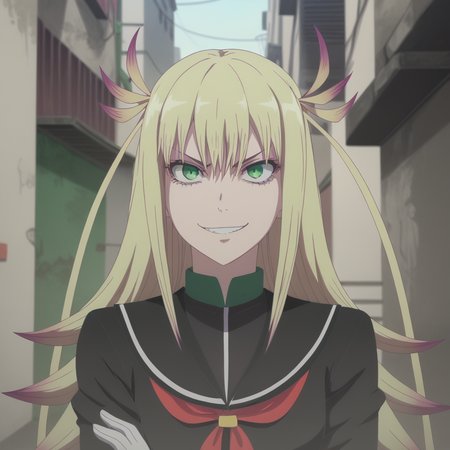 <lora:SlimesKanonIsui:1>, slimes_kanonisui, woman, solo, green eyes, alley background, evil smirk