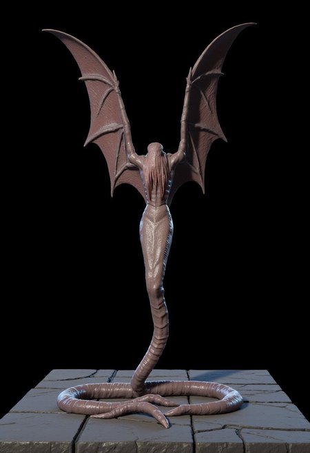 a larval worm with bat wings and a elongated worm shape
Standing on a flat ground the camera angle is high rotated
Set against a solid dark black color background to emphasize its unnatural form that emphasizes its silhouette. The medium is not a traditional painting or illustrative medium like watercolor or ink but rather a digital 3D rendering.
MikeFranchinastyle, bbstyle,, horror theme,, ZBClay model of a gray sculpture, zbrush, d4arks0uls, overcast lighting, jedioutfit