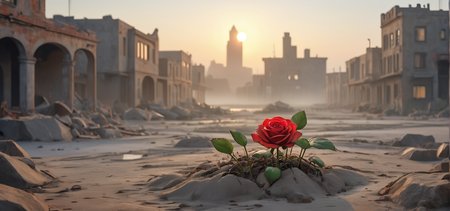 a beautiful single red rose sprouting in the middle of a deserted destroyed city covered in debris and sand, dawndrops, dawn, subtle sunlight, fog, nature, realism, hyperrealism, fine details, Traditional Cartoon, rounded shapes, soft shading, basic textures, nostalgic feel