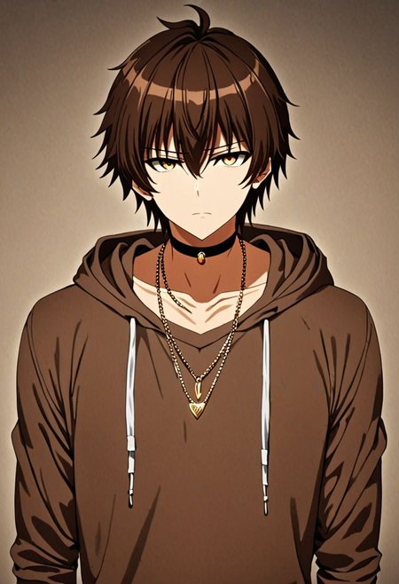 high resolution, solo, best quality, 1Boy, Seiya Kanie, Brownish Hair, bangs, necklace, choker, hair between eyes, Hoodie, OverallDetail