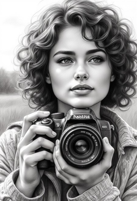 Pencil drawing, black and white, pencil strokes, 
A black and white pencil sketch style, line art drawing dark, A black and white pencil sketch style,  
  A close-up of a woman holding a camera, with her face partially obscured by the lens. The lighting is soft and natural, highlighting the details of her features and the texture of her hair. She has a thoughtful expression, suggesting she is focused on capturing the perfect shot. The woman is wearing a patterned jacket, which adds a touch of style to the scene. The background is blurred, drawing attention to the woman and the camera. The overall mood of the image is one of concentration and creativity, capturing a moment of artistic expression. The combination of the woman's pose, the camera, and the soft lighting creates a visually appealing and memorable photograph.