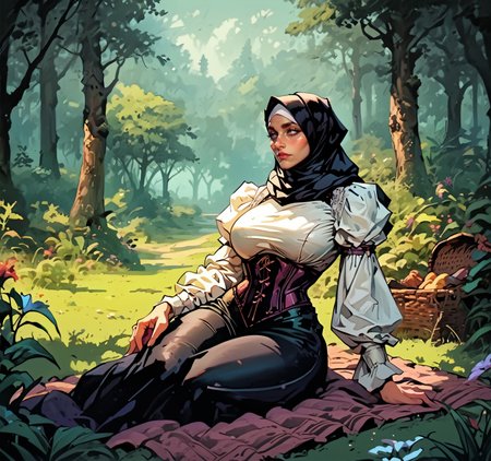 score_9, score_8_up, score_7_up,1girl, hijabwitch,sitting on a picnic blanket, large breasts, wide hips, hijab, pants, corset, underbust, gloomy fairytale forest, detailed background, <lora:Pony_DetailV2.0:1>, <lora:Dark_Aura_for_Pony:0.45> <lora:DarkestDungeon-Style:0.25> <lora:harrison-fisher_pony_v1:0.4> <lora:Hijabwitch-10:0.8>