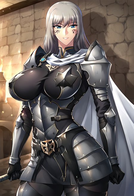 easynegative, FastNegativeV2, EasyNegativeV2, haganef, overfit style, large breasts, 1girl, solo, thicc big breasts,  sexy body , big butt, big breasts, shaggy big breasts, young, big chest, <PUT OVERFIT STYLE IN NEGATIVE PROMPT>, anime,  negative_hand, smile,
Teresa, blue eyes, long hair, battle uniform, Secondform, dark grey hair, black armor, black tattoo mark on face, 
Knight armor, skirt armor, shoulder armor, chest breasts armor, white cape, full armor, chest armor, body suit , black cape, breastplate
 big breasts, shaggy big breasts, mature, young