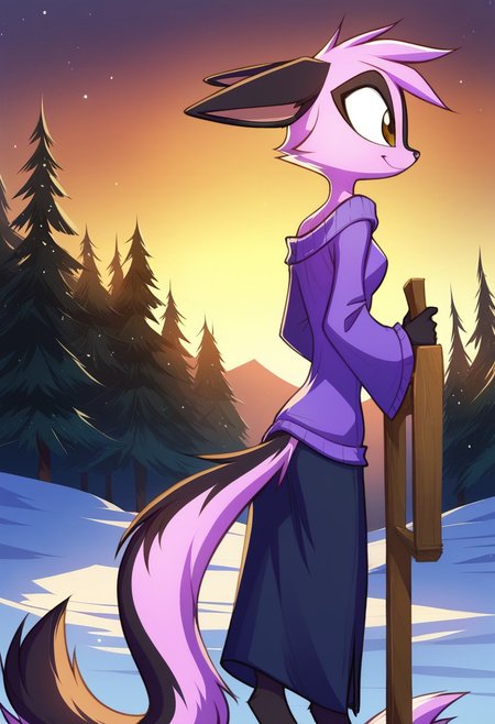 score_9, score_8_up, score_7_up, Dreamkeepers,Viriathus_Vayu,1girl,solo,short hair,animal ears,tail,brown eyes,purple hair,body fur,animal nose,,<lora:dreamkeepers_multipleCharacters:0.8>,
((( long straight hair,1,5))),   eyes, shy smile, off shoulder sweater dress, winter dress,  outside, tundra