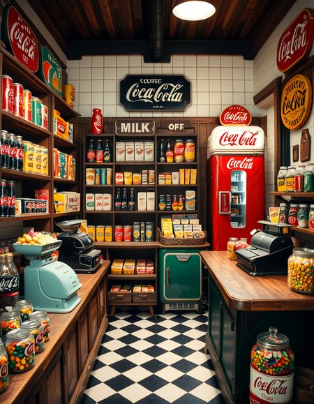 A vintage 1950s grocery store filled with nostalgic details. Wooden shelves neatly stocked with classic canned goods, glass soda bottles, and colorful retro packaging. An old-fashioned cash register sits on the wooden counter, next to a small scale for weighing produce. The checkered black-and-white tile floor adds to the mid-century charm, while hand-painted signs on the walls advertise milk, bread, and coffee in bold, retro fonts. A display of penny candy in glass jars sits near the entrance, and a vintage Coca-Cola refrigerator hums in the background. Soft, warm lighting casts a nostalgic glow over the scene, enhancing the rich textures of wood, glass, and metal, capturing the essence of a bygone era.
<lora:SDXLFaeTastic2400:0.4> <lora:extremely_detailed:0.4> extremely detailed
 <lora:1950s_grocery_st0r3:1>,1950s grocery st0r3, Masterpiece,best quality,hi res,8k,hi res,8k,award winning,(sharp focus, intricate, highly detailed),