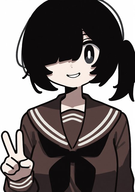 masterpiece, best quality, very aesthetic BREAK 1girl, solo, brown serafuku, black hair, black eyes, hair over one eye, side ponytail, smirk, peace sign, v, upper body, small breasts, bright pupils
<lora:noob05-Kyora-san-unet only-jan31-step00002464:1>