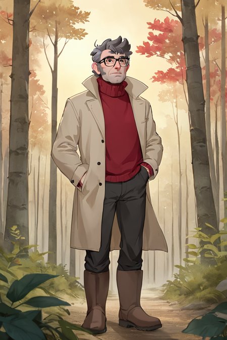 fordpines, 1boy, solo, male focus, mature male, old man, full body, short hair, grey hair, brown eyes, thick eyebrows, glasses, black-framed eyewear, facial hair, stubble, sideburns, open clothes, beige coat, red turtleneck sweater, black pants, brown boots, standing, outdoors, forest <lora:Stanford (Ford) Pines SDXL_LoRA_10r_10e_32i_nr32_a16_SDXL:0.7>
