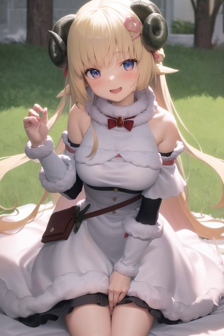 masterpiece,highres,best quality,(tsunomaki watame:1.1),fur-trimmed dress,blonde hair,long hair