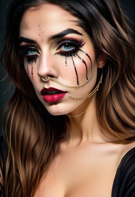 concept art, realistic, dark theme, low light. 1girl, solo, 18 years old.
Gorgeous sexy female. Beautiful feminine face, Long  hair. ((TearsMakeUp)).
((NoseToEar)).
(Big breast), (Round breast:1.2).
