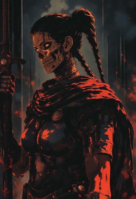 Female Roman soldier, skull face mask, in profile, toned arms, braided hair, battle damaged armor, large breasts, breast plate, dark and moody background, adds a dramatic tone, subtle lighting reflections, ray traced, foreshortening, Holding a sword,