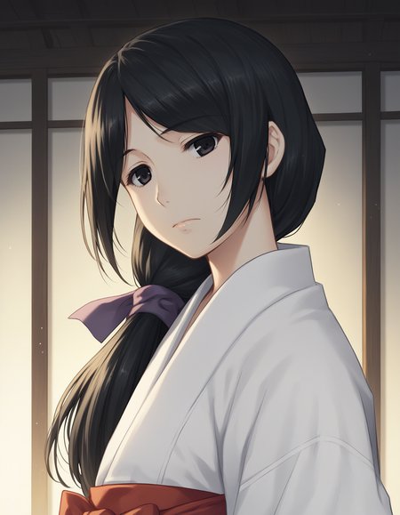 score_9, score_8_up, score_7_up BREAK 1girl, solo, shigusa saya, black hair, low ponytail, hair over shoulder, black eyes, expressionless, closed mouth, hair ribbon, purple ribbon, miko, white kimono, red hakama, portrait, outdoor, japanese shrine, dark theme, low light <lora:shigusa_saya_pdxl_v1:0.8>