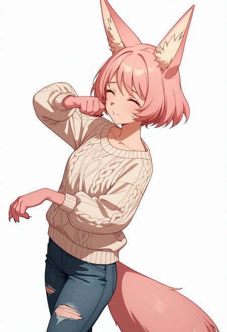 Smooth Quality,masterpiece,very intricate, high quality details, ultra realistic, high detailed skin,detailed enviorement,absurdres,
simple background, white background, dancing, solo,sideways,
 <lora:Til_CNR:0.8> til_cnr, 1girl,pink hair, short hair, bangs, red eyes, animal ears, fox ears, animal ear fluff, fox tail, furry female, animal hands, claws,, worried,, ^ ^,, sweater, ,turtle neck, ,ripped jeans, ,