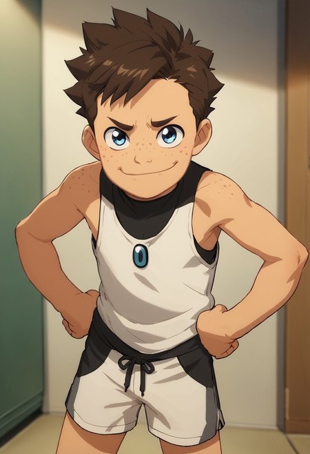 score_9, score_8_up, score_7_up,1boy, solo, cute boy, Koji, Blue Eyes, Brown Hair, Freckles, tank top, shorts, smug smile, hands on hips, Official Style,