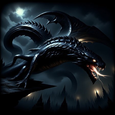 A terrifying flying snake with obsidian scales glides menacingly through the dark skies. Its body is sleek and sinuous, reflecting faint light off its razor-sharp scales. Massive, leathery wings stretch out on either side, beating with a whisper of death as it moves with predatory precision. Its eyes glow with an eerie, molten gold hue, filled with malevolent intelligence and a hunger for destruction. The creature's fanged mouth opens to reveal venom-dripping teeth, each one ready to deliver a fatal, paralyzing bite. Its hiss echoes through the air, a sound that sends chills down the spine, as it coils in mid-flight, ready to strike with lethal speed. This is no ordinary snake, but a beast of pure nightmare, embodying all that is dark and dangerous."