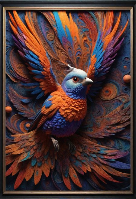 vivid colorful realms of your mind, abstract details, distinctive visuals, Full 3D, Intricate, sharp details, UHD, (3D Framed, Bird)