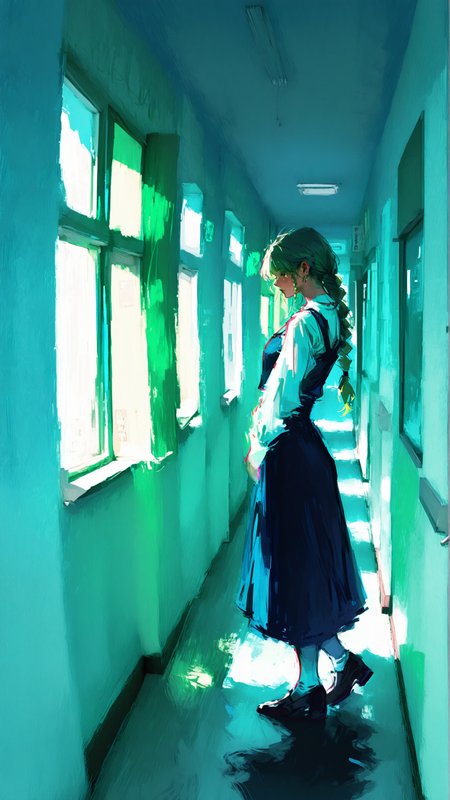 masterpiece, newest,absurdres,incredibly absurdres, best quality, amazing quality, very aesthetic, painterly, volumetric lighting,  bolt green hue, (overexposure:1.3), 
1girl, hallway, pinafore dress,blonde, braided ponytail, window, blue wall, white wall, notice board, arched back, long shadow, 
<lora:Elegence_Niji:1> 3l3ganc3 <lora:Lifeline_Illu_Edition:1> LL-Illu <lora:fuyumur4s4ki_style:0.6> fuyumur4s4ki_illu