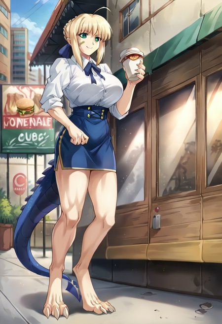 anatomicaly correct body, Score_9, score_8_up, score_7_up, score_6_up, score_5_up, score_4_up,  source_anime, 1girl, solo, standing, tall female, mature female, BREAK, <lora:saber_classic-12:0.8>, artoria_pendragon, 1girl, solo, blonde hair, ribbon, hair ribbon, braid, ahoge, anime coloring, artoria pendragon (fate), saber, shirt, skirt, masterpiece, best quality, very aesthetic, huge breasts, digitigrade, scaly  legs, long pointy ears, thick tail, long tail, dragon tail, 3 digits in feet, clawed feet, vicious claws, muscular female, smile, BREAK, burger,food on face,ahoge,ice coffee,eating,outdoors,nature,street,city,ice cube,dense,closed mouth