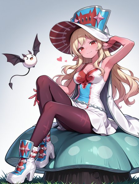 vampire sucker, solo, 1girl, smile, looking at viewer, heart, white high heel boots, closed mouth, armpits, medium breasts, full body, pink skin, white sleeveless dress, sleeveless jacket, large hat, sitting on mushroom, green mushroom, purple pantyhose, holding white bat, white bat,
masterpiece,best quality,amazing quality,very aesthetic,absurdres,newest,<lora:Vampire Fascinator, Fraulein & Sucker illusXL v1:0.75>,