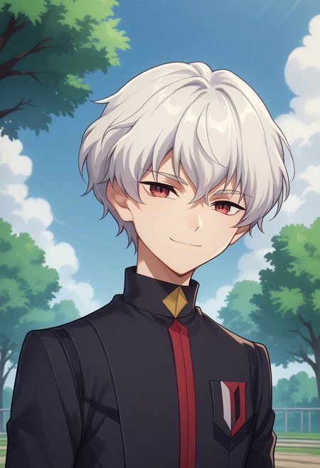 score_9, score_8_up, score_7_up, source_anime, highly detailed, 
lusia, 1boy, male focus, solo, school uniform, white hair, smile, red eyes, looking at viewer, short hair, black jacket, long sleeves, upper body,
outdoor, sky, clouds, tree