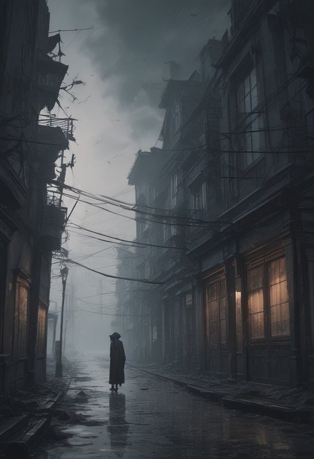 scenery, outdoor, masterpiece, best quality, ultra-detailed, (anime style), hires, dark fantasy, eerie atmosphere, uncultivated, loneliness, thriller theme, fog