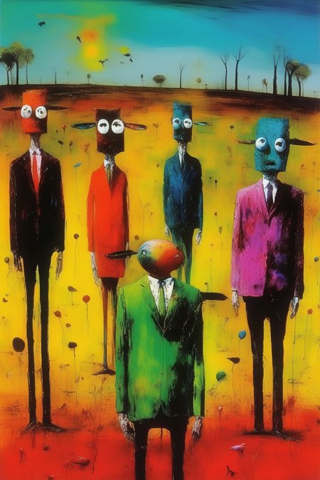 <lora:Sidney Nolan Style:1>Sidney Nolan Style - A random funny scene Vivid colours, HD,