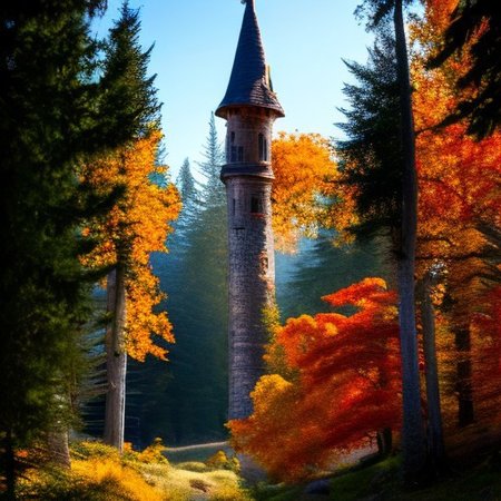 realistic analog photo, award winning photo, vary wide shot of stone witow tower:1.3, no humans, scenery, blue sky, auwo, in a autumn forest, dirt road, lush grassland, Wildflowers, nature, outdoors, RAW, highres, 8k, uhd, High Dynamic Range, tonemapping, crisp details,