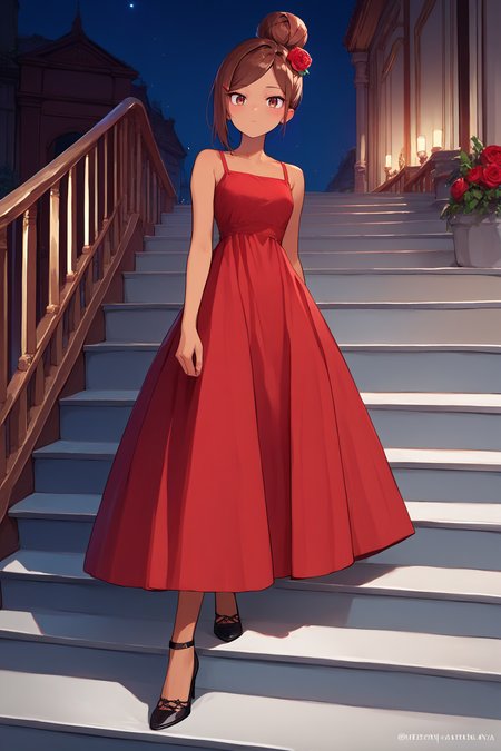 score_9, score_8_up, score_7_up, score_6_up, source_anime, 1girl, solo,  <lora:ueharaayaka-pdxl-nvwls-v1-000006:1> ueaya, brown hair, hair bun, tan, hairclip, red dress, long dress, rose in hair, hair flower, looking at you, blush, night, stairs, mansion, high heels