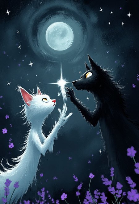 A whimsical illustration of two mystical creatures in dark whimsical art style - a lanky white cat with enormous silver moonlit eyes and a stretched black wolf with huge amber glowing eyes, their impossibly long paws reaching towards each other across a starlit void, digital painting with ethereal brushstrokes showing the cat's flowing fur like stardust and the wolf's coat rippling like night shadows, deep cosmic background with swirling nebulas and floating purple lavender petals, characteristic Tim Burton inspired design with both animals having elongated necks and dramatic expressions, their extended claws nearly touching as cosmic energy sparks between them