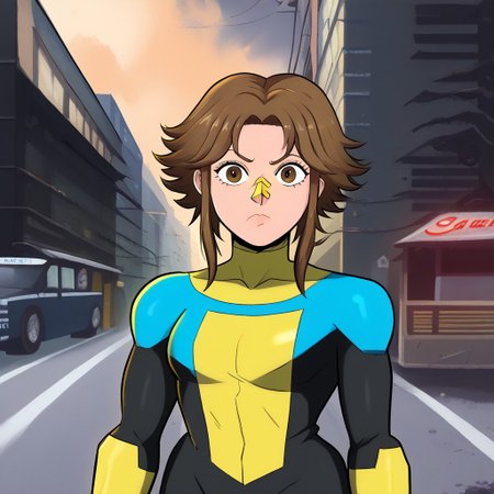 <lora:Catherine_Portillo_-_Until_Then:1>Cathy,1girl, upper body,brown hair,brown eyes,bandaid on nose, Invinciblemcyellow,full bodysuit, color blocking,  ,skintight suit, yellow torso colored suit, yellow blue and black suit, black colored lower body suit, blue collar suit, yellow fingerless gloves, 
,urban area, truck background,