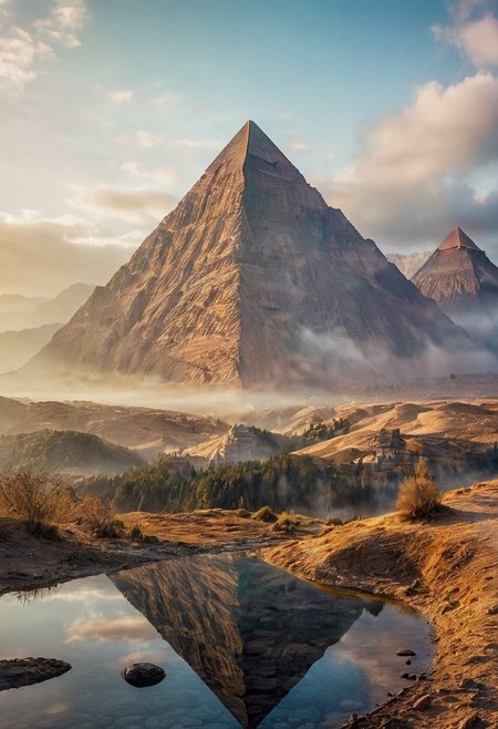 their peaks veiled in mist. mixed media, surrealism, great lighting, A surreal landscape highly detailed . extremely high-resolution details,  appears trapped in an optical illusion of reflections and refractions colorful , great pyramids build on ountains, professional photography, natural lighting, volumetric lighting maximalist. intricately detailed, complex, elegant, expansive, fantastical, film photography style,  medium grain