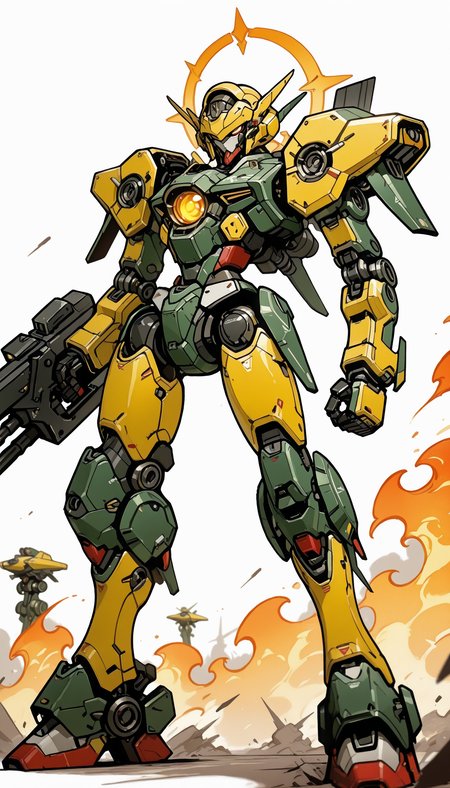 zzzemoji,, chibi masterpiece, best quality, good quality, very aesthetic, absurdres, newest, 8K, depth of field, focused subject,   action, A detailed illustration of a futuristic armored figure, possibly a robot or a mech, in a dynamic pose. The figure is predominantly green with orange and red accents, including a prominent circular emblem on the chest. It wields a large, cylindrical weapon with a yellow and black patterned sling attached to its side. The weapon emits a bright orange flame, suggesting it might be firing. The character's armor is intricately designed with various mechanical components, including gears, turrets, and armor plates. The background is minimalistic, with a few abstract shapes and lines, emphasizing the figure as the main subject. The style of the illustration leans towards a fusion of science fiction and fantasy, with bold lines and a sense of movement. solo, white_background, holding, weapon, holding_weapon, gun, no_humans, traditional_media, robot, mecha, science_fiction, marker_\(medium\), arm_cannon, firing, machine_gun, gatling_gun, missile_pod, zzzemoji,, chibi