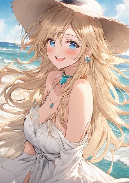 1girl, :d, aqua eyes, bangs, bare shoulders, beach, blush, bracelet, breasts, blonde hair, choker, cleavage, collarbone, dress, earrings, eyebrows visible through hair, hat, jewelry, long hair, looking at viewer, large breasts, , ocean, off-shoulder dress, off shoulder, open mouth, outdoors, ribbon, smile, solo, sun hat, water, white dress, white headwear