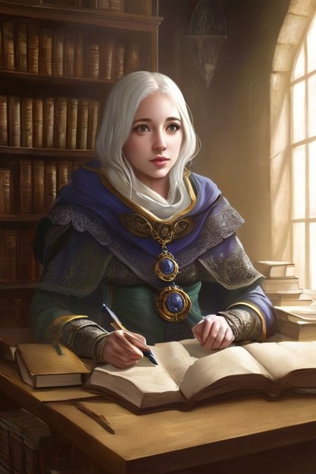 RAW photo, (masterpiece:1.3), subsurface scattering, heavy shadow, (high quality:1.4), (intricate, high detail:1.2), professional photography, HDR, High Dynamic Range, realistic, ultra realistic, photorealistic, high resolution, film photography, ambient lighting, atmospheric effects, <lora:detail_slider_v4:2>, OverallDetail, <lora:FantasyCleric:0.7>, fancle, a female priestess in an office, sitting at desk, books, shelves, FanStu, <lora:FantasyStudy-10:0.6>, epiCPhoto