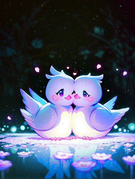 Two adorable purple birds perched on a blooming branch under a dreamy, moonlit night. The birds have large, expressive eyes with gentle blush on their cheeks, sitting close to each other, exuding warmth and companionship. Surround them with delicate glowing flowers and soft petals, resembling sakura blossoms. Heart-shaped purple bokeh lights float around, illuminating the tranquil scene with a romantic and magical ambiance. pastel colors, falling petals, no humans, heart,  depth of field, scenery, dark, magical, full, cinematic,
masterpiece, best quality, very aesthetic, high quality, newest, very awa, crisp, detailed skin texture,
<lora:NOOB_vp1_detailer_by_volnovik_v1:1>, <lora:ponyv6_noobV1_2_adamW:0.7>,