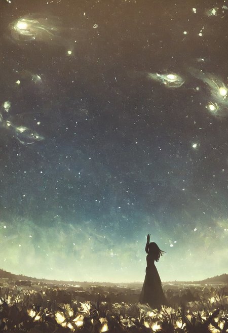masterpiece, high quality, abstract, 1girl, centered, side view, black silhouette of a girl, (long flowy hair), flowy skirt, green forest background, ((dynamic pose)), ((flowers)), ((glowing butterflies)), night time, dark theme, starry sky, glowing hair, cinematic, vivid colors, ((saturated neon colors)), perfect hands, anzhcdreamwave, aesthetic, Perfect Hands, aurora borealis,novuschroma60 style bokeh, silhouette style, covered in shadow, StarrySkies, scenery, stars (sky), background, night sky, space, rostran style