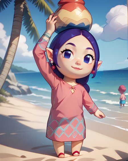 score_9, score_8_up, score_7_up, 2d, Sue Belle, woman , pink dress, arm up , holding jar,  beach, ocean, palm tree  <lora:Sue Belle Pony-000045:1> Chibi 3D Graphics - "Kirby's Epic Yarn"