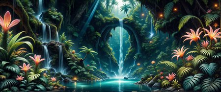 highly detailed mystical realism oil painting in the style of johan christian dahl and maurice sapiro, ancient, dark jungle brimming with life, an enchanted forest hidden deep in mystery, in the foreground, large, otherworldly plants with vibrant, exotic leaves and gorgeous ethereal flowers edge a glowing azure pool, lush layers of vegetation framing the waterfallâs base, dark shadows fill the corners, the center scene features a narrow, bioluminescent waterfall cascading down a rugged, multi-tiered cliff, its gentle glow casting a faint blue-green light, thick, emerald moss covers the cliff, hinting at untold ages, in the background, the dense foliage extends into the shadows, punctuated by faint glows from hidden recesses, suggesting unseen life, a medium-wide shot with slight overhead perspective, capturing the waterfall, pool, and dense jungle foliage in a balanced, layered composition, dynamic chiaroscuro lighting, with warm dappled light filtering through the thick jungle canopy, soft, ethereal glow around the waterfall and pool, faint reflections off the vibrant plants, intricate textures and shadow detail, soft interplay between deep green shadows and luminous highlights, painting-quality detail, realistic contrasts, and rich color gradations, astonishing and puzzling scenery, in the style of ck-ovf, <lora:ultima-flux-by_sterlingangel:0.4> <lora:style-oneviolentfantasy-ep21-flux-by_chronoknight:0.72>