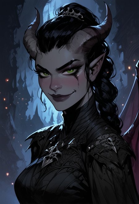 score_9, score_8_up, score_7_up, BREAK, 1woman portrait, beautiful, dramatic lights ((Succubus, Demon Girl, Succub, horns, seductive, seductive look, goth, goth girl, goth makeup, green eyes, wings, bat wings grey skin, grey colored skin, black hair, long braided ponytail, bangs, side bangs, happy, smug))
<lora:Fant5yP0ny:0.6> <lora:fantasy_world_pony:0.9>
<lora:Cherry-Gig:0.55>