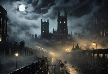 EdobHorrorLandscape,
A landscape of Gotham city at night,
hopeless, nightmare,
fog,
winter,