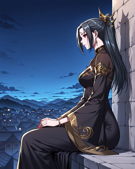 <lora:Hei_Yanyu (2):1>
1 girl, solo, long hair, black hair, red eyes, black sclera
chinese clothes, black dress, long dress, jewelry, earrings, wide sleeves, facial mark, hair ornament, ponytail, forehead mark, ponytail, lipstick
score_9, score_8_up, score_7_up, score_6_up, source_anime, masterpiece, best quality, absurdres, highres, newest, anime coloring <break>  1girl, solo, sitting, on wall, from side, town, night sky, cloud
