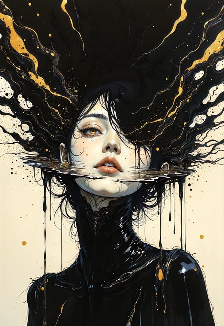 (in Otomo Katsuhiro style:1.2), high-quality, masterpiece, a womanâs face reflected in a pool of black ink, the ink swirling and distorting her features as it moves, delicate lines of gold ink tracing abstract patterns on the surface, Style is Minimalistic with surreal elements, Micro-detail ink textures, flowing liquid motion, soft reflection blur, dark ambient mood, (elaborately detailed attire with extraordinary elements:1.1), (hyperdetailed:1.1), (intricate details:1.0), (Refined details:1.1), (best quality:1.1), (high resolution:1.2)