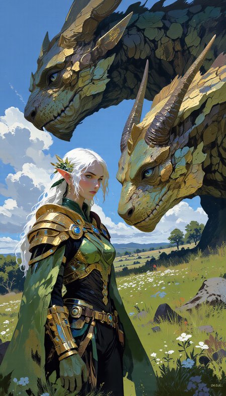 pscho_4rt,mythp0rt,very wide angle, put subject further away, small subject, A digital illustration shoot from a profile camera angle about a fantasy character and a dragon in a grassy field. the image also shows a serene and mystical atmosphere. on the middle of the image, a 1woman, who appears to be in her early twenties, with long white hair and pointed ears, is facing the viewer with a calm expression. she is wearing a green and gold armor with intricate designs, and a green cloak draped over her shoulders. her hair is adorned with a white flower, and she is standing in a field of flowers with a blue sky and fluffy white clouds in the background. the dragon, with its large, scaly scales and sharp teeth, is positioned to the right of the woman, and its eyes are looking directly at the viewer. the woman is positioned in the foreground, and the dragon is situated to the left of her, with the dragon's head turned slightly to the side. the lighting is soft and natural, with a gentle glow on the scales and the woman's armor.  1girl, long hair, looking at viewer, blue eyes, closed mouth, jewelry, standing, full body, white hair, flower, outdoors, horns, sky, day, cloud, cape, from side, pointy ears, tree, grass, colored skin, dragon, scales, green cape  camera_angle: profile, art_style: digital illustration, location: outdoor, background: a lush green field with flowers and a distant landscape, text: NA, image_composition: middle, clothing: ornate armor with detailed designs, hair_color: white, distance_to_camera: upper body, hairstyle: long hair with braids, facial_expression: calm, action: standing, accessory: green cloak, pants: NA;NA, eye_direction: looking to side, race: light skin;light skin, shoes: elf ears, ear: pointed ears;NA