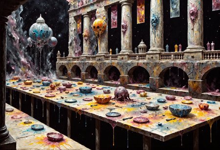 detailed watercolor artwork inspired by ZdzisÅaw BeksiÅski of, (morbid, regal, decayed) | A grand hall with a long-forgotten feast still set upon a rotting table, covered in dust and cobwebs. | Foreground: tarnished silverware and cracked plates lie scattered across the table. | Background: towering pillars and faded banners give the hall a sense of lost grandeur. | A faint, musty smell lingers, as if the feast has been untouched for centuries. (muted colors, intricate textures, soft shadows)