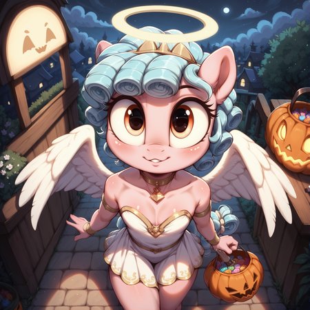 score_9, score_8_up, score_7_up, anthro pony, Cosy Glow, huge eyes, pleading, Halloween candy bag, view from above, close up, angel costume, halo, flat chest, petite, cleavage, angel wings, solo, 25 years old, porch, night
<lora:Aer0Zer0_Artist_Style:.4>, <lora:Realistic_2.5DAnime_Merge1:.7>,  <lora:add-detail-xl:.7>,  <lora:Expressive_H:.4>,  <lora:Welost_Artist_Style:0.4>,  <lora:princess_xl_v2:0.8>