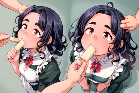 (masterpiece:1.4), high quality, high definition, sharp focus, detailed clothes, detailed body, detailed face, anime, best quality, 4k, 8k, absurd resolution, intricate detail, detailed hands, detailed eyes, animation, illustration, highly detailed, highres, extremely detailed, <lora:hyperdenoiser_v090:0.6>, <lora:perfetfingers:1>, OverallDetail, ah1, <lora:hyperrefiner_v090:0.6>, <lora:add_detail:1>, <lora:ETO_OCC002:0.7> ETO_OCC, black hair, (curly hair:1.5), long hair, thick eyebrows, (looking at viewer), (fat:1.5), (hazel eyes:1.5), (parted bangs:1.8), (1girl:1.4), skindentation, <lora:softservice:0.5> softservice, maid costume, full body, maid, maid headdress, maid apron, (sweet smile), (melting popsicle), (holding popsicle), (girl with a popsicle in her mouth), (detailed popsicle:1.5), (popsicle on mouth:1.5), <lora:popsicle:1> (popsicle suck), pov, (hands:1.4), (multiple hands feeding up 1girl:1.5), (feeding on girl:1.6), open mouth, tongue out, (multiple popsicle:1.8), (multiple hands holding popsicle:1.6), (girl surrounded by popsicle:1.6), (pov hands:1.5), (multiple boys:1.6), (eating:1.5), (sucking:1.5), (licking:1.5), (feeding:1.5), (being feed up:1.5), (feed up by viewer:1.7), <lora:multiple_hands_v0.5:1>, (multiple_hands:1.4), (multiple hands:1.4), (solo focus), (too many hands feeding on popsicles to girl:1.8), (a lot of hands holding popsicle:1.8), (girl being feed on popsicle:1.9), (group feeding on popsicle to girl:1.5), (popsicle on cheek:1.5),
