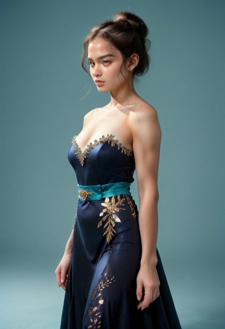 score_9, score_8_up, score_7_up, black colored kebaya dress (long dress, skin tight, strapless, off shoulder, luxurious design, simple sash, sequin skirt, brocaded),
pureerosface_v1, JDMAI_KEBAYA, JDMAI_ARIEL_SARI, 
(dynamic lighting), (dynamic shadow), 4k, HD, Hi res, cinematic masterpiece, photographic masterpieces, epiCPhoto,
Neat hair bun, professional makeup, side view, saluting, 
Portrait, upper body, alluring pose, confident facial expression, 
(simple turquoise background), (blurry background), (sharp focus on object),