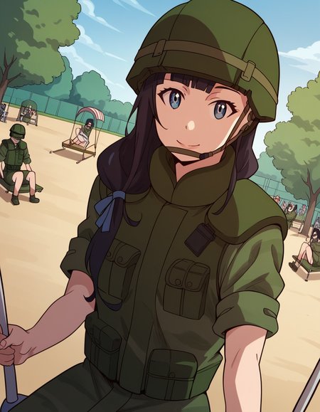 score_9, score_8_up, score_7_up, source_anime, <lora:mari-kurokawa-s1s2-ponyxl-lora-nochekaiser:1>, mari kurokawa, long hair, bangs, blue eyes, black hair, ribbon, hair ribbon, blue ribbon, hair over shoulder, medium breasts,, uniform, military, military uniform, helmet, sleeves rolled up, headset,, public park, playground, swing set, laughter, sunny day, smile, looking at viewer, v,, solo,, cowboy shot, dutch angle